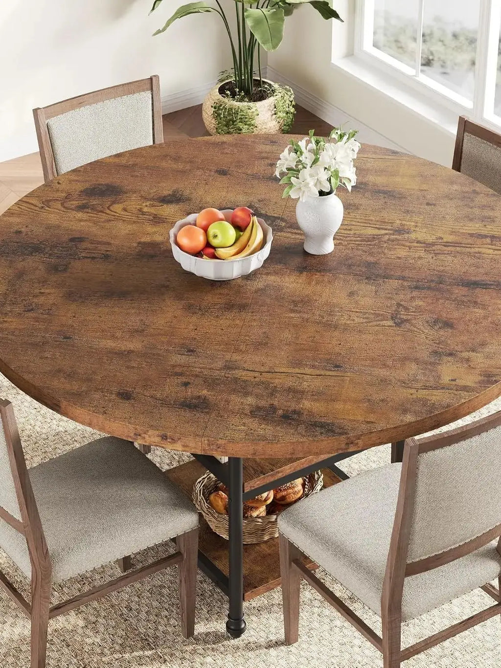 Round Dining Table for 6 with Storage Shelves  Metal Legs, For Kitchen, Dining