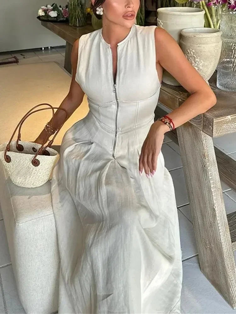 Zipper Long Dress Woman Pleated Sleeveless  Summer Elegant Party Dresses