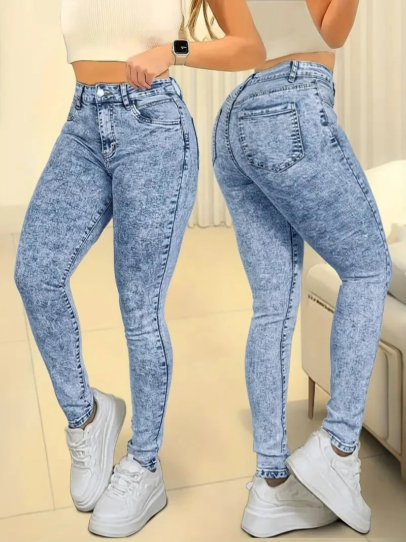 Women's casual high waist elastic slim butt lift tight feet fashionable snowflake  jeans