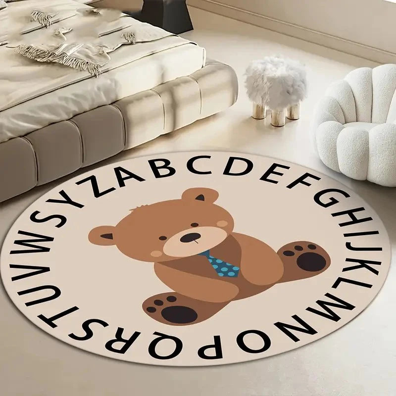Adorable  Bear ABC Alphabet Round Rug Educational Learn Floor Area Mat for Kids Nursery Playroom Bedroom Decoration