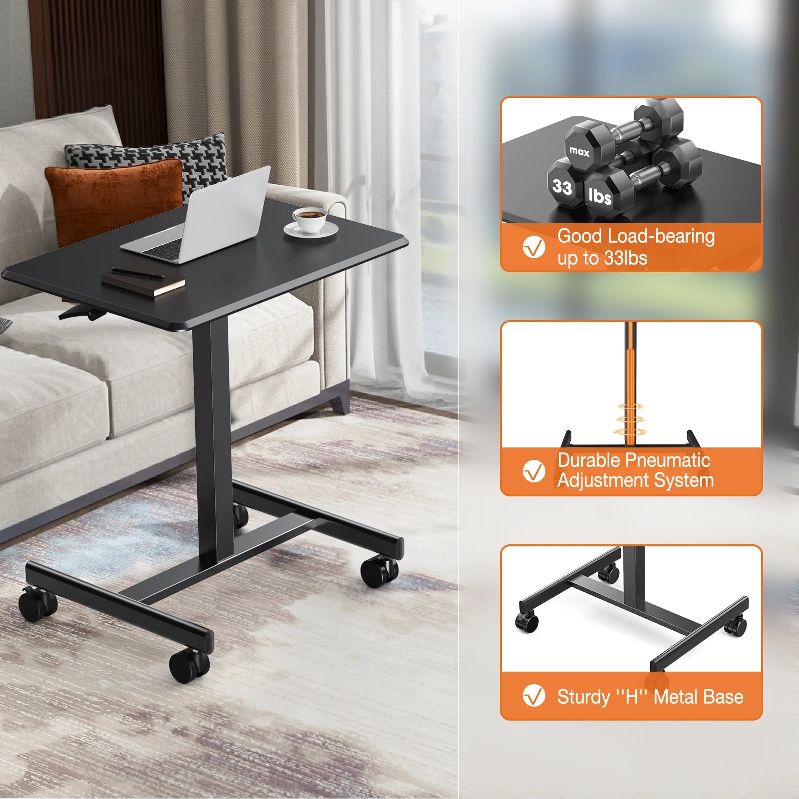 Laptop Height Adjustable Table Mobile  Workstation  Wheels