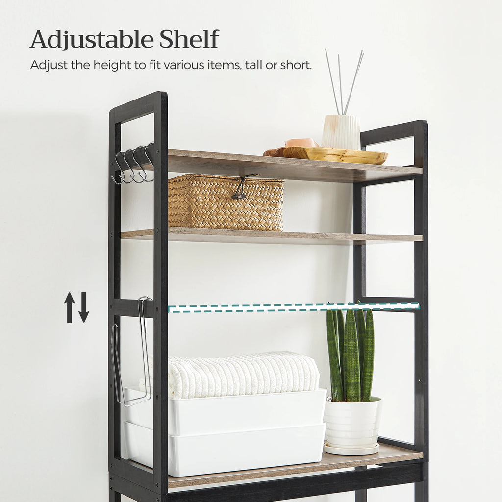 Over-The-Toilet Storage, 3-Tier Bathroom Organizer Adjustable Shelves, Hooks, Bamboo