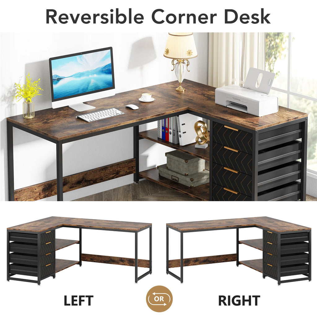 Computer Desk with Storage Drawers, 59 inch Corner Desk with Shelves, Reversible L-Shaped Office Desk Study