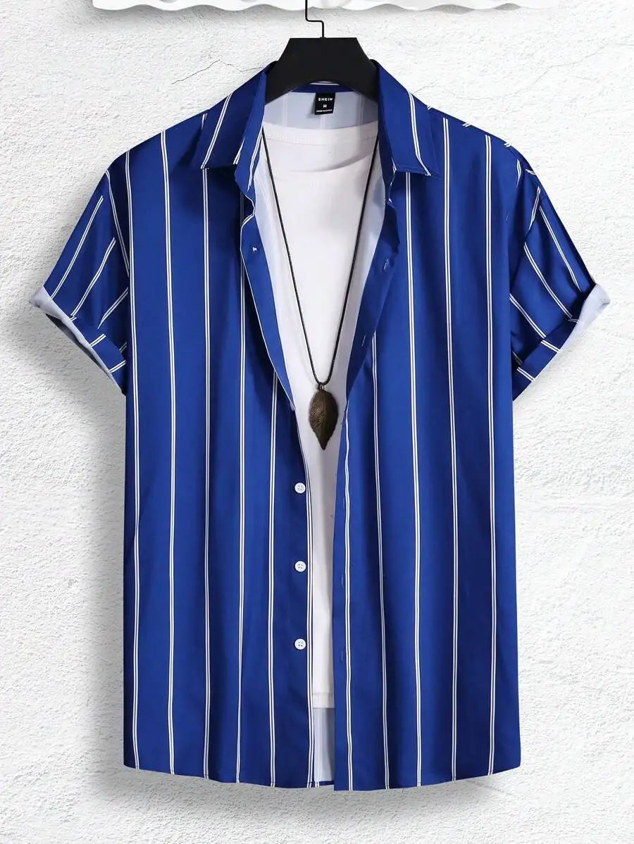 Men's Royal Blue Vertical Stripe Short Sleeve Casual Shirt