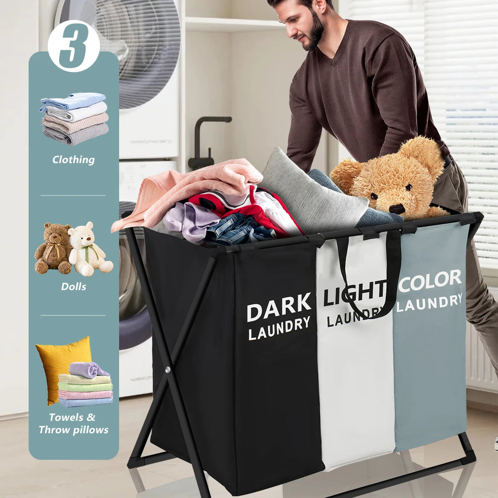 3 Sections Divided Laundry Basket  Laundry Hamper Foldable Washing Bin Dirty Cloth
