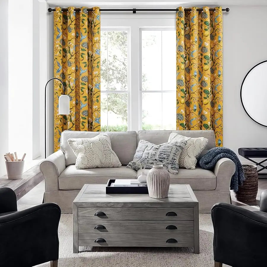 Mustard Yellow  Curtains & Drapes  Long, Grommet Luxury Whimsical Floral Lemon