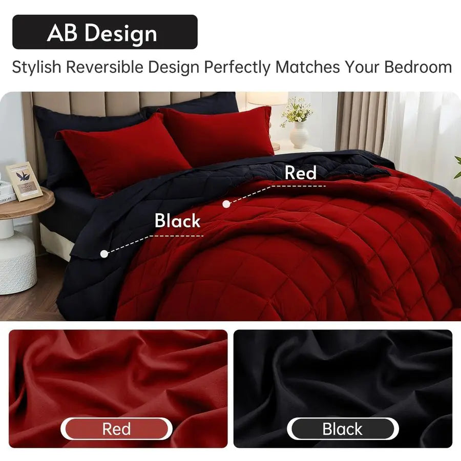 7 Pieces Queen Comforter Set, Reversible Bed in a Bag Queen Size, Set with Comforter, Flat Sheet,