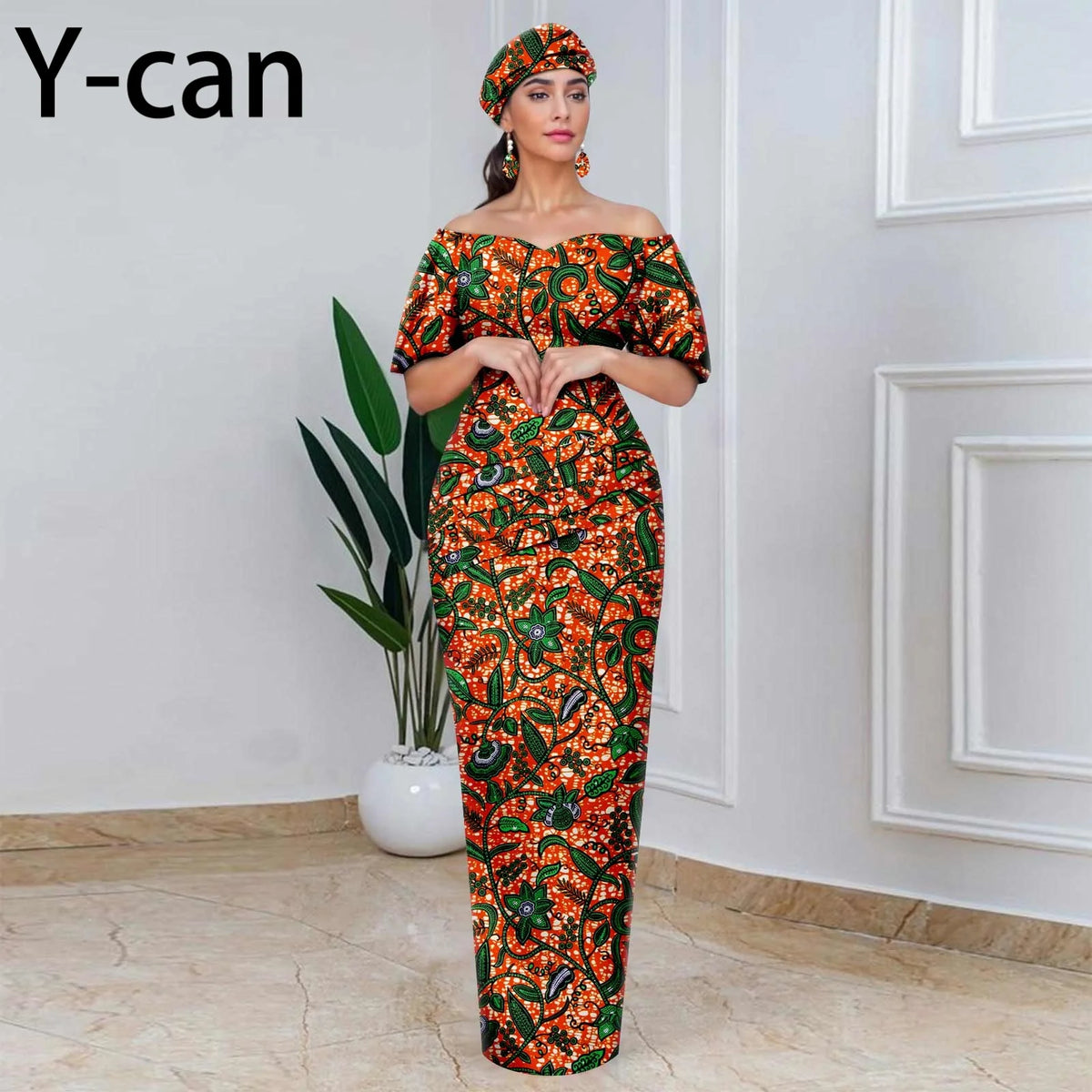 African Party Dresses for Women Off Shoulder Folds Women Maxi Dress with Headscarf and Earrings Traditional Wedding