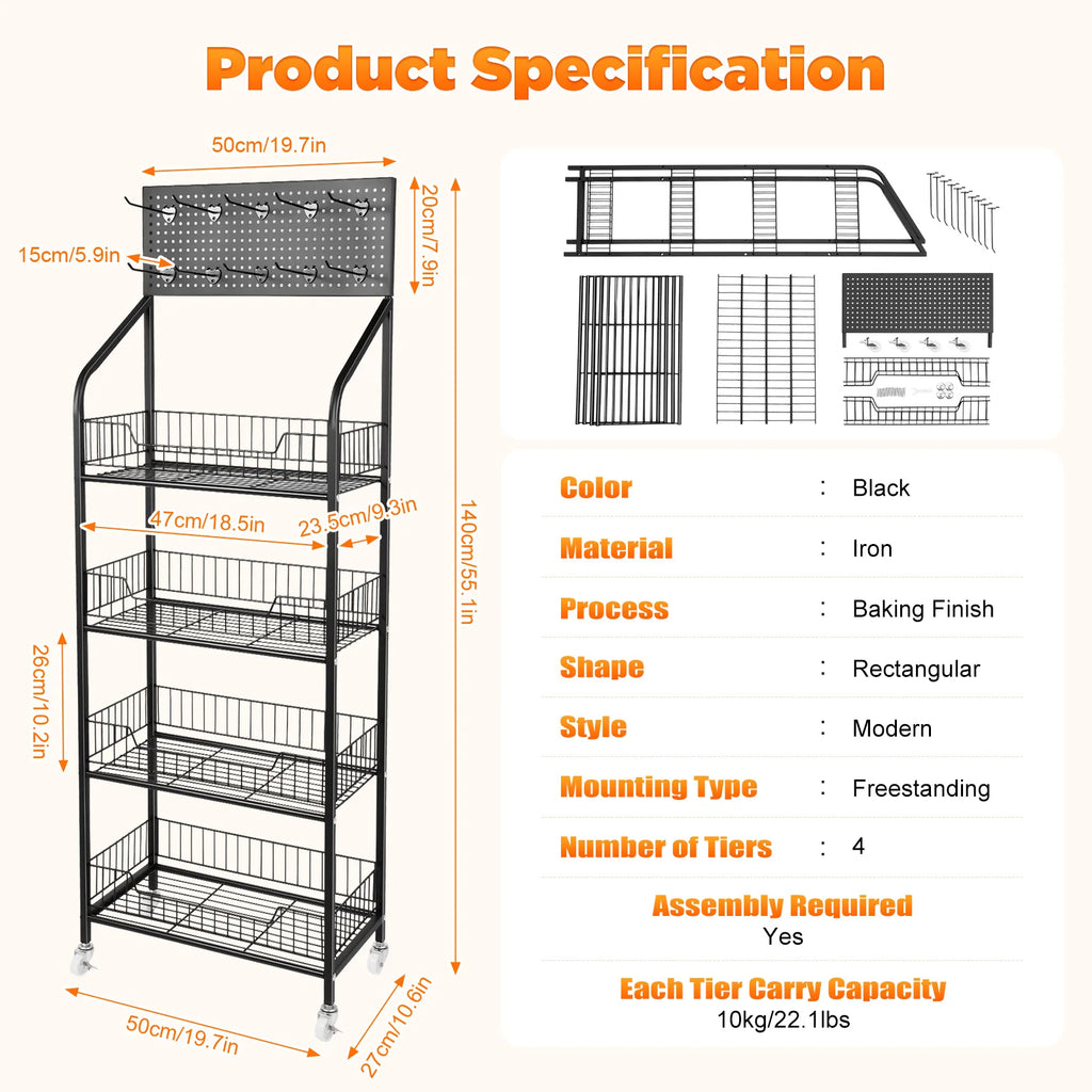 4 Tier Retail  Rack with Wheel Display Basket Stand Cart Metal Basket Storage Shelf