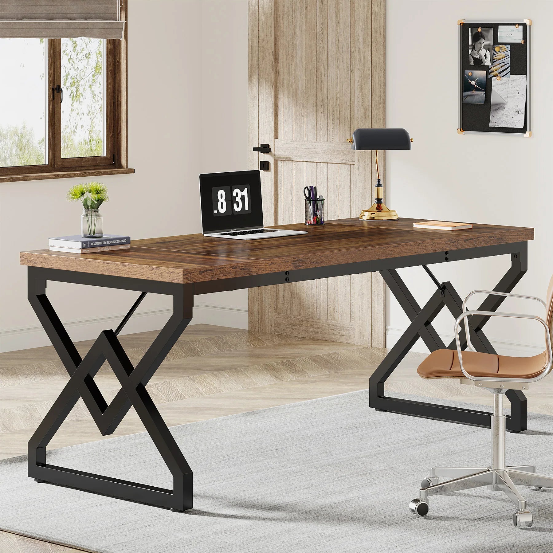 Tribesign 63" Large Industrial Executive Desk  Tabletop & Metal Frame, Heavy-Duty Home Office Desk