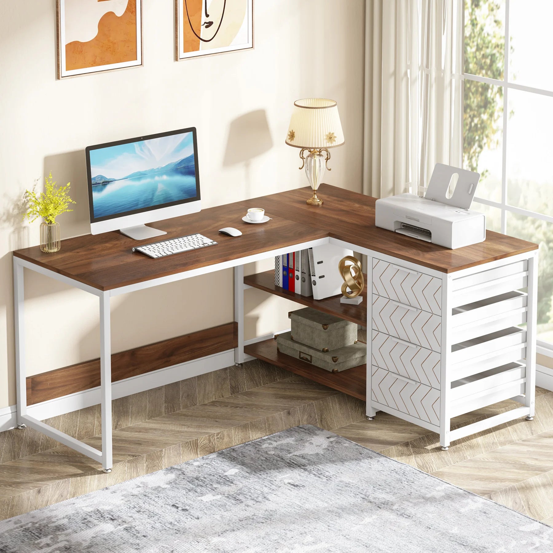 Computer Desk with Storage Drawers, 59 inch Corner Desk with Shelves, Reversible L-Shaped Office Desk Study