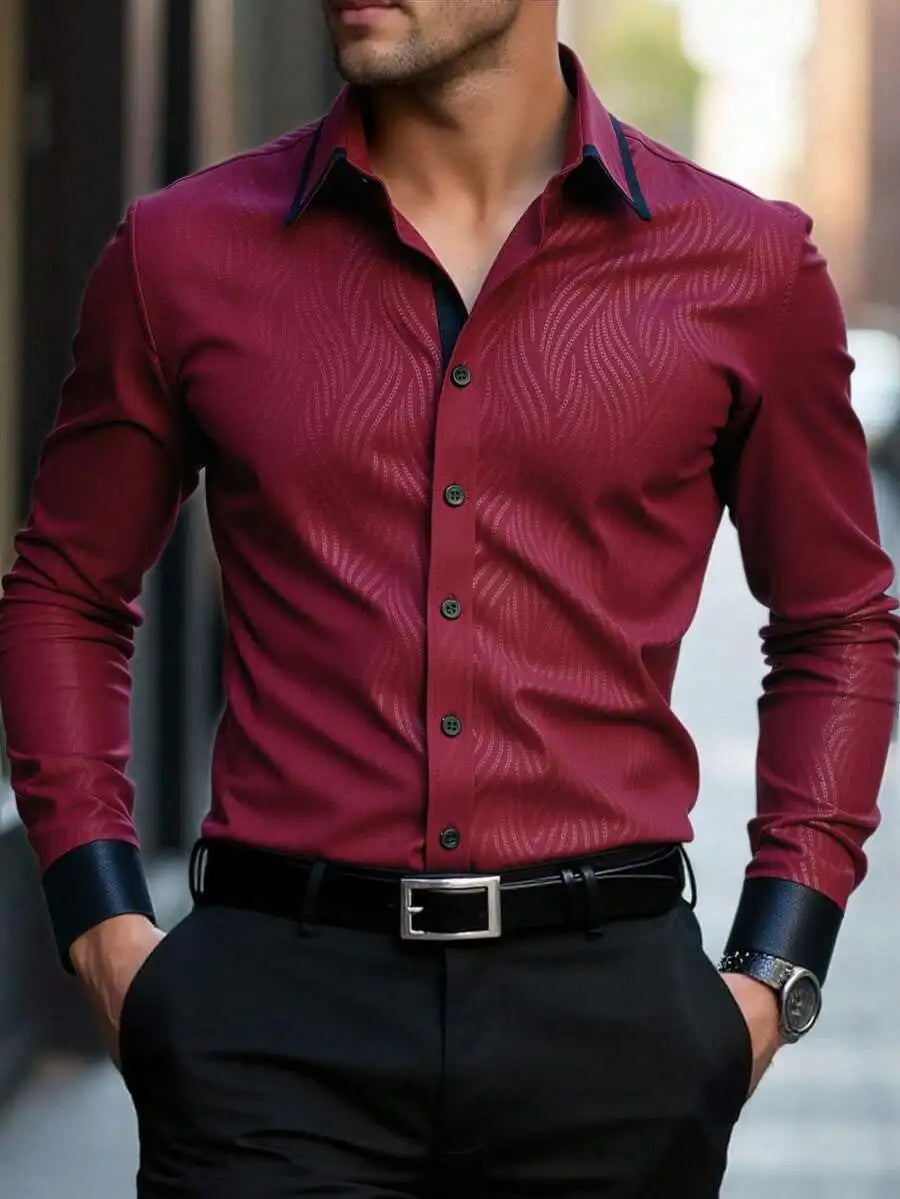 Men's Slim Fit Long Sleeve Button Down Dress Shirt with Geometric Pattern, Black, Fall