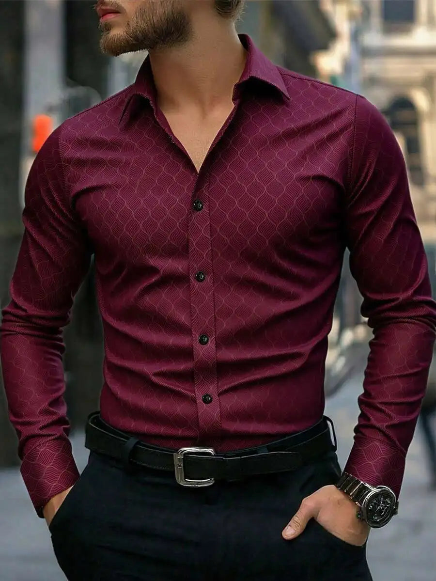 Men's Slim Fit Long Sleeve Button Down Dress Shirt with Geometric Pattern, Black, Fall