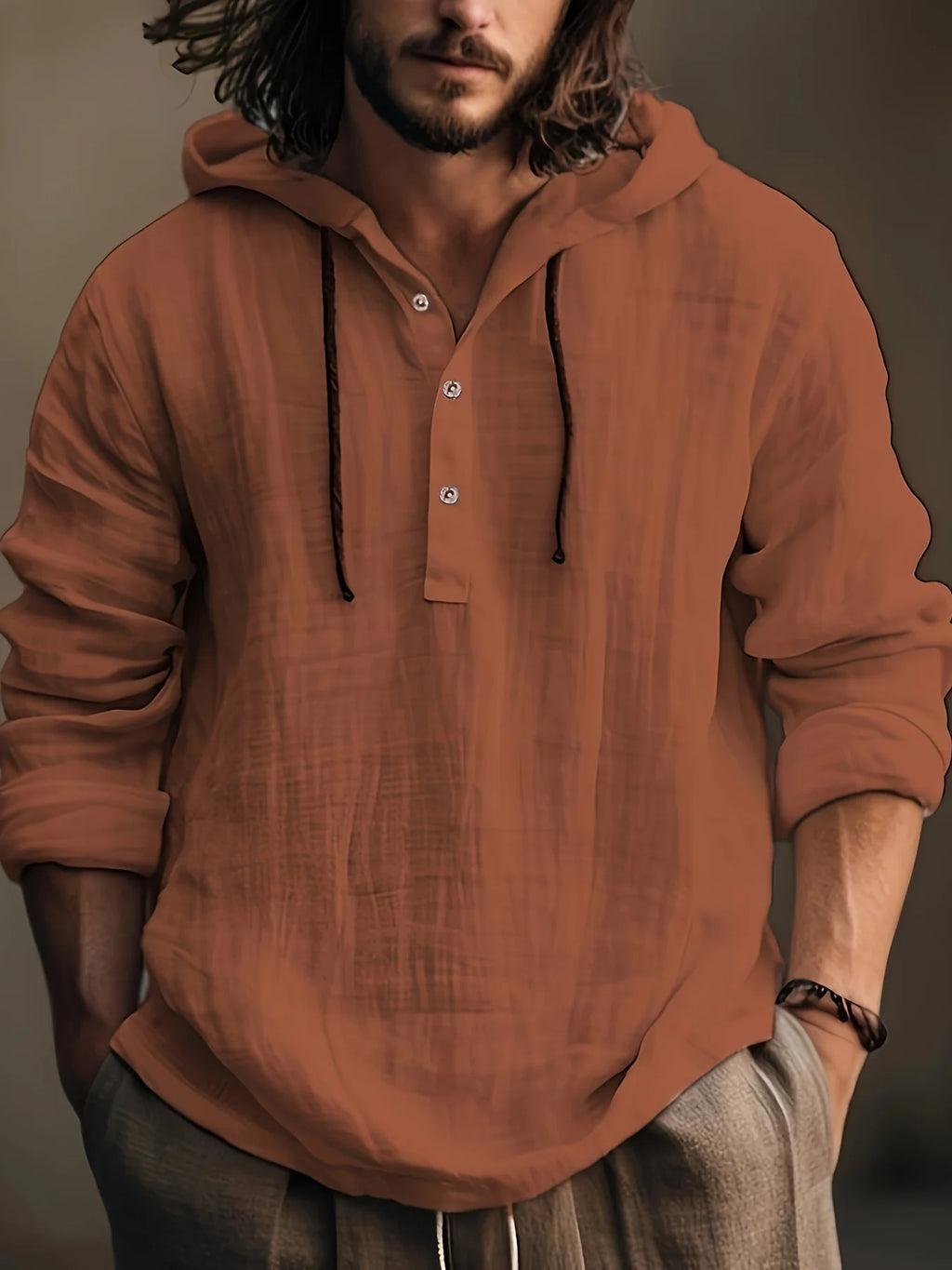Men's spring and autumn cotton and linen shirt with hooded sweatshirt long sleeve casual wear