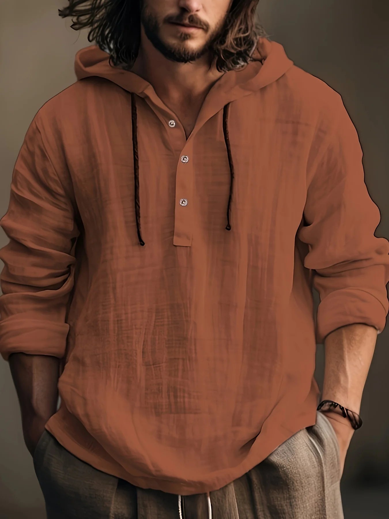 Men's spring and autumn cotton and linen shirt with hooded sweatshirt long sleeve casual wear