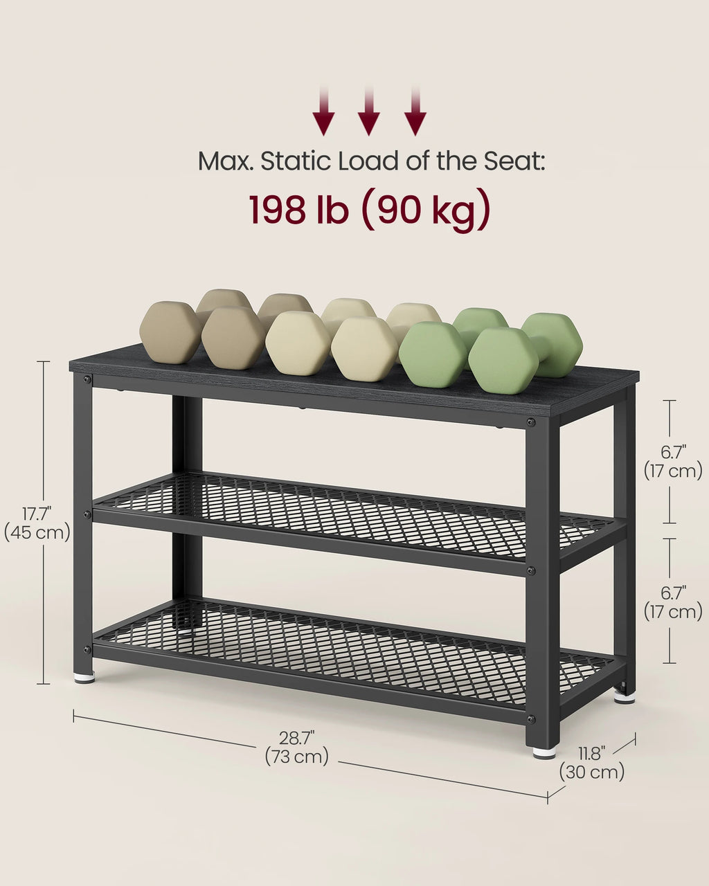 3-Tier Shoe Rack, Shelf Storage Bench with Metal Mesh Shelves and Seat, Free Standing Shoe Organizer