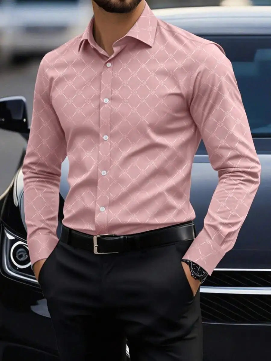 Men's Slim Fit Long Sleeve Button Down Dress Shirt with Geometric Pattern, Black, Fall