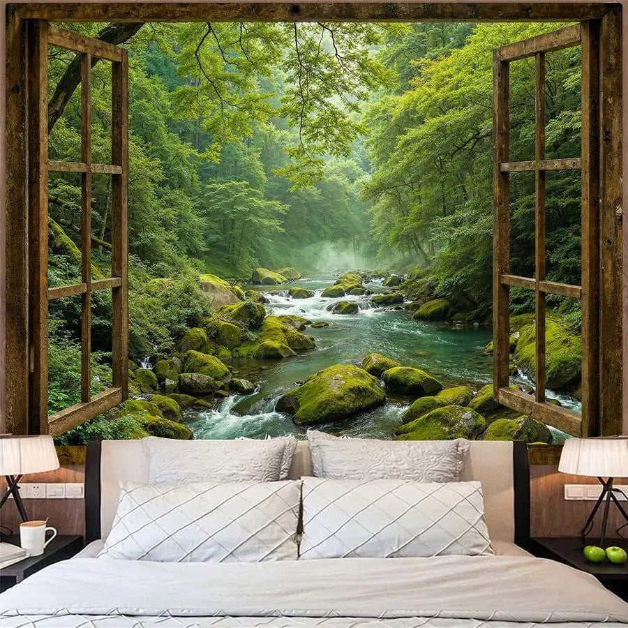 Window Forest Tapestry Green Nature Jungle Wall Tapestry for Bedroom Aesthetic Rainforest Stream Outdoor Landscape