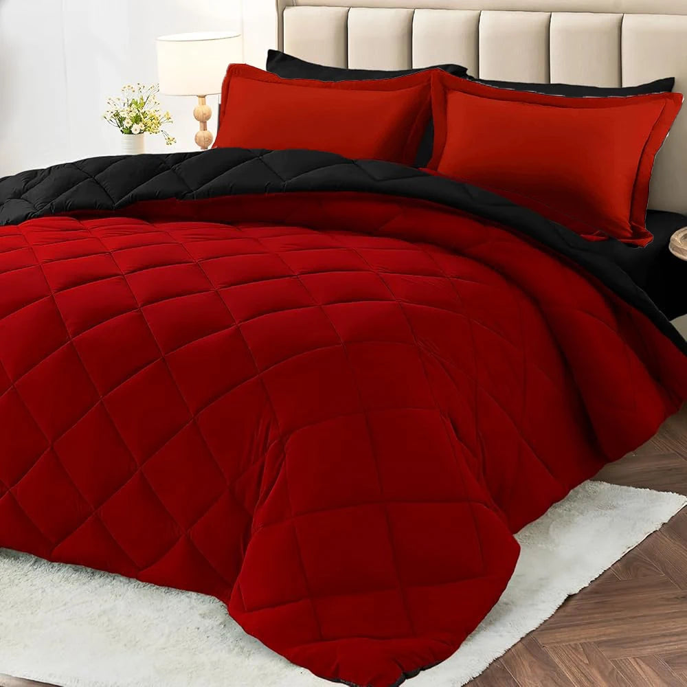Reversible Comforter Set, All Season Bedding Set with Comforter, Pillow Shams, Red & Black,