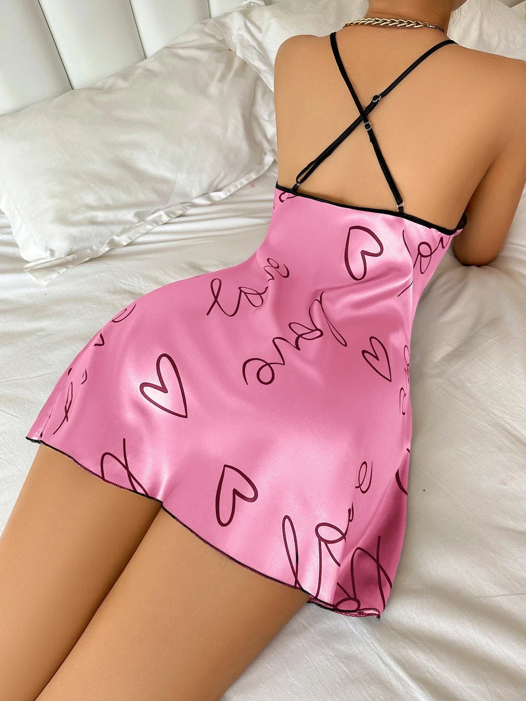 Heart Letter Print Nightdress Casual Strap Sleep Dress Women's Sleepwear