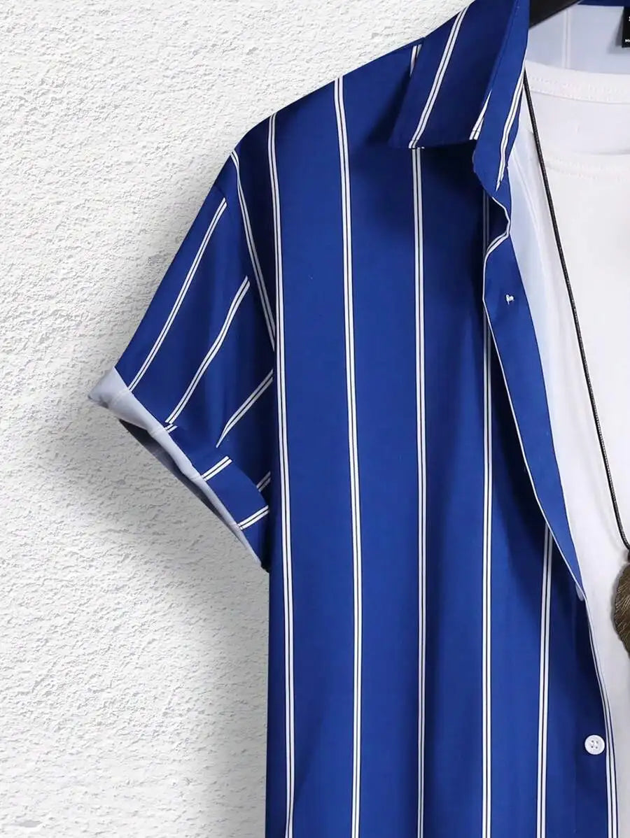 Men's Royal Blue Vertical Stripe Short Sleeve Casual Shirt