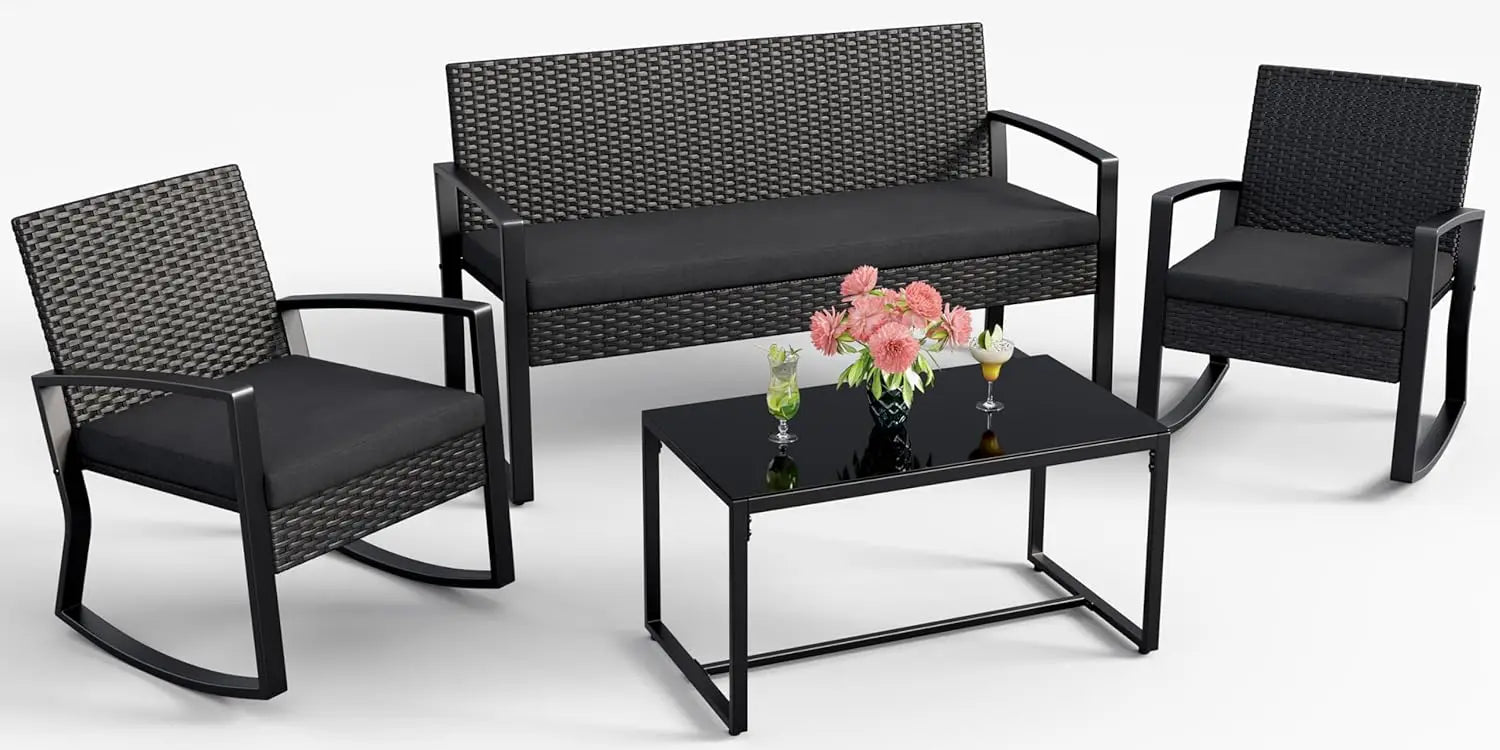 4 Piece Outdoor Patio Wicker Sofa Set Glass Coffee Table Rocking Chairs Backyard Poolside Porch, Customized