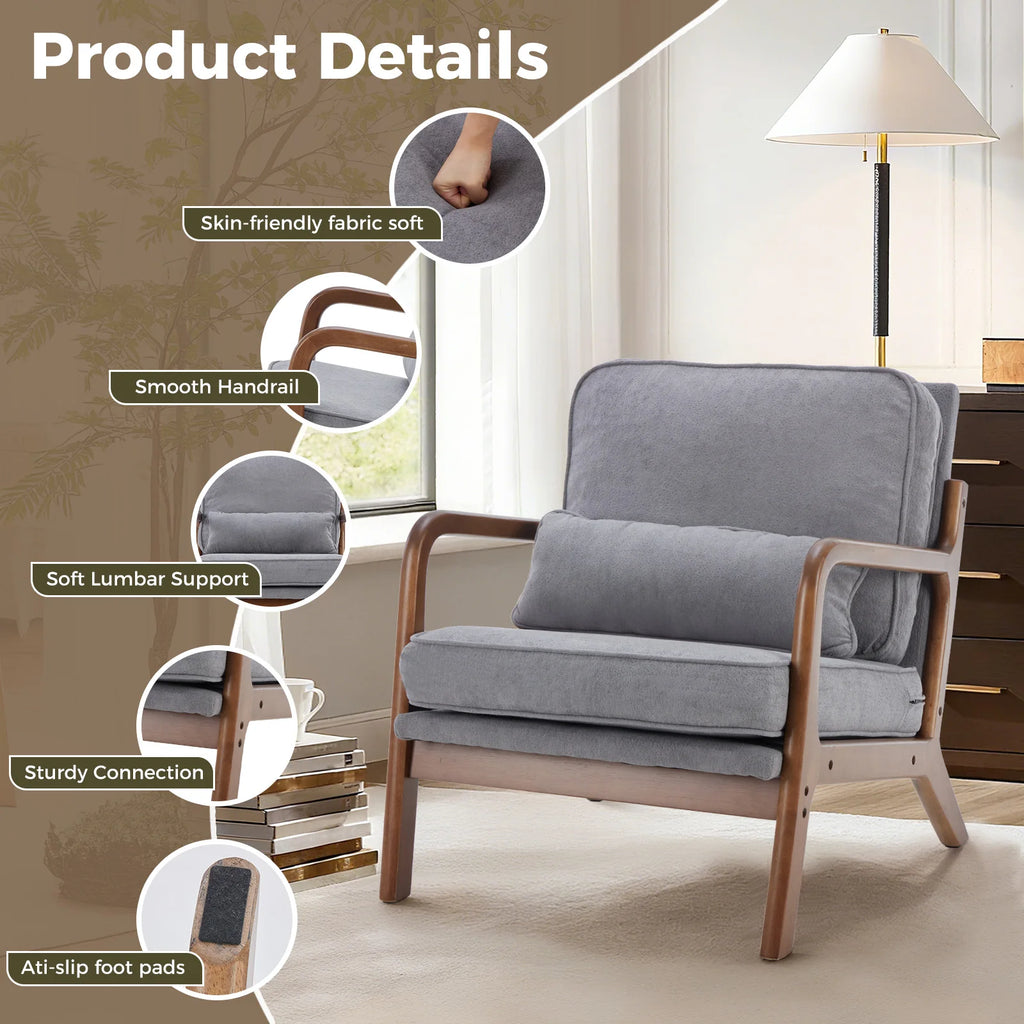 Modern Chair Solid Wooden Frame Accent Chair with Arms and Waist Cushion Reading Chairs
