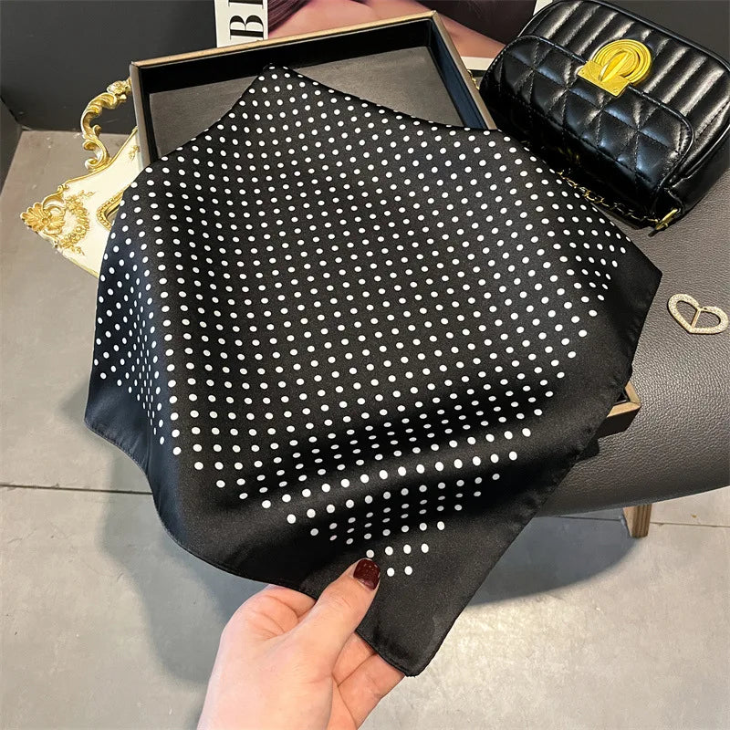 Luxury Polka Dot Print Square Scarf for Women Satin Wraps Neckerchief Female Hair Bands Ribbon Headband