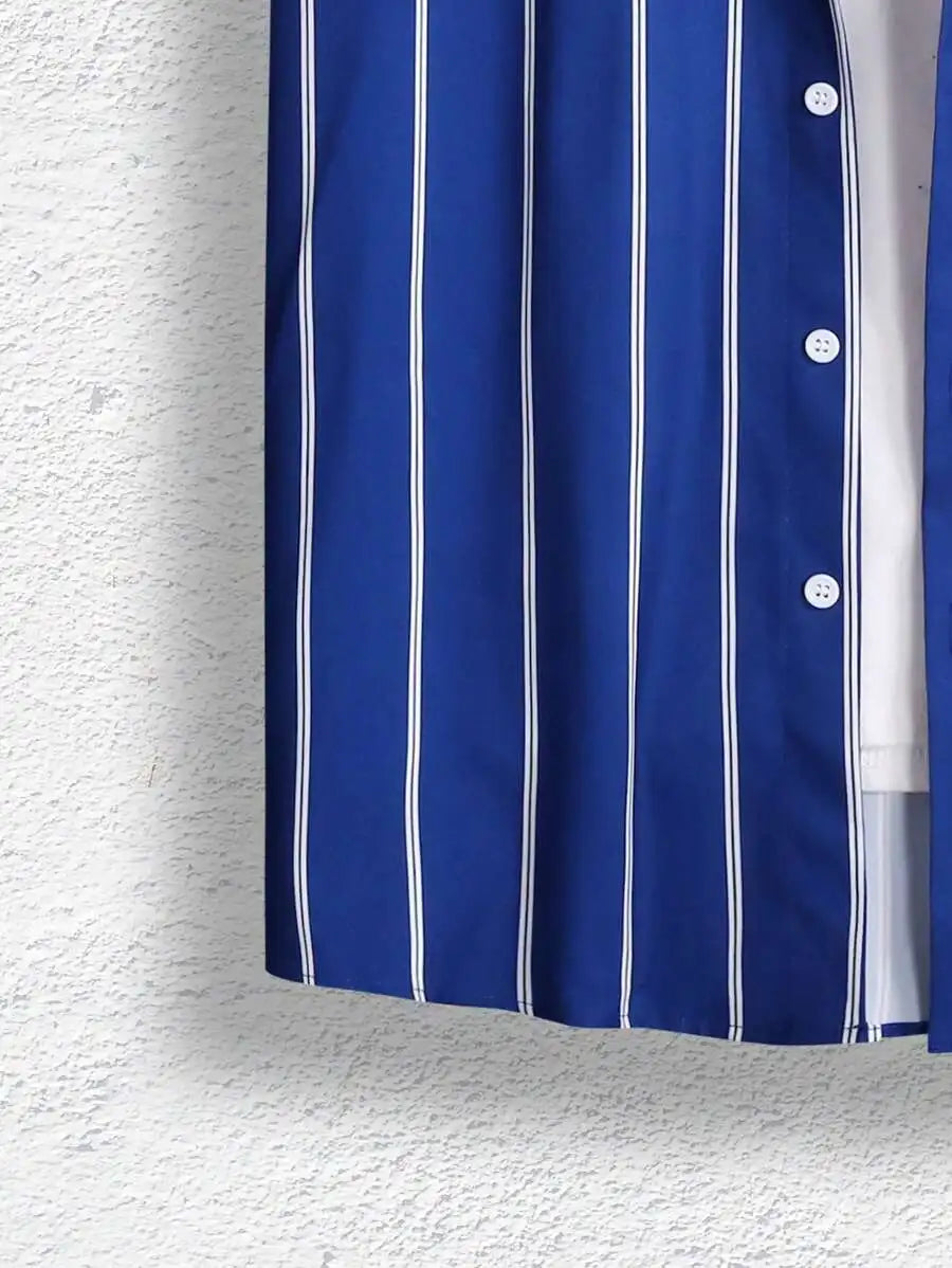Men's Royal Blue Vertical Stripe Short Sleeve Casual Shirt