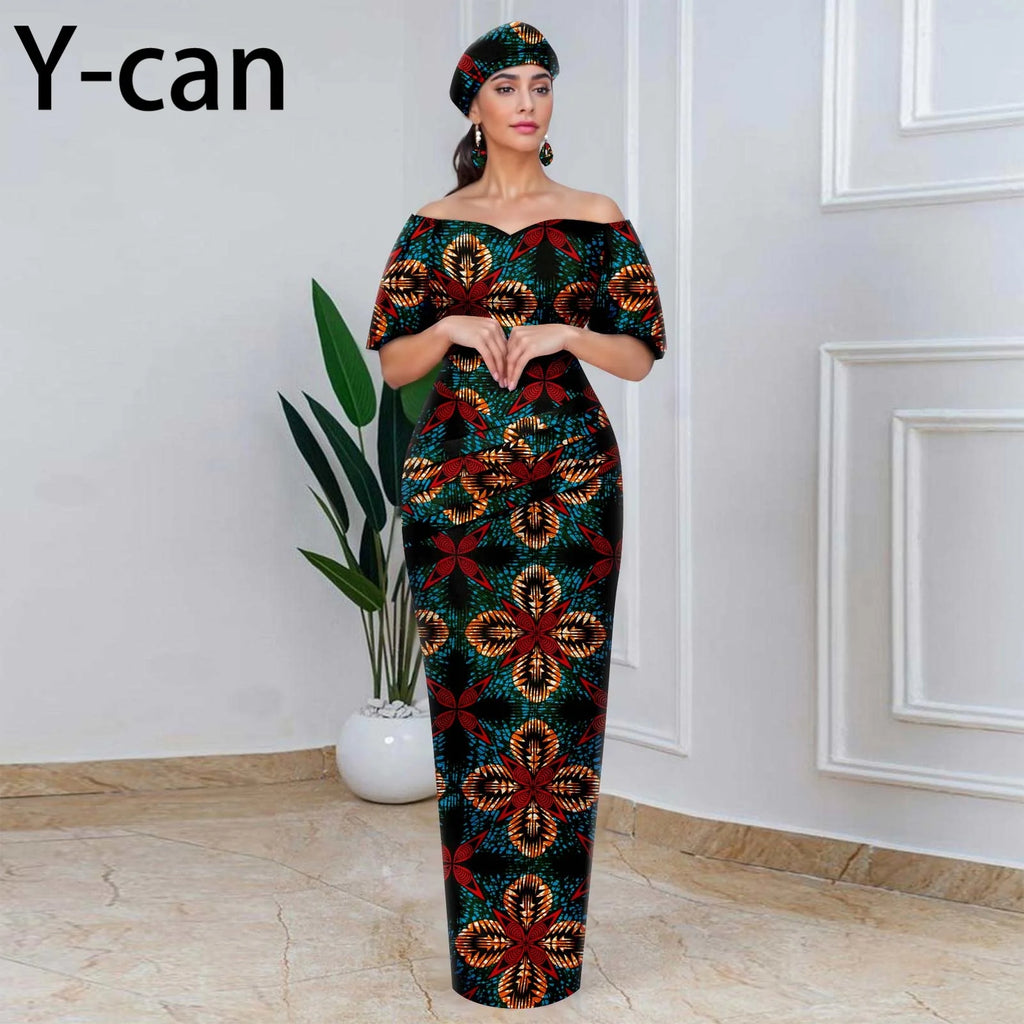 African Party Dresses for Women Off Shoulder Folds Women Maxi Dress with Headscarf and Earrings Traditional Wedding