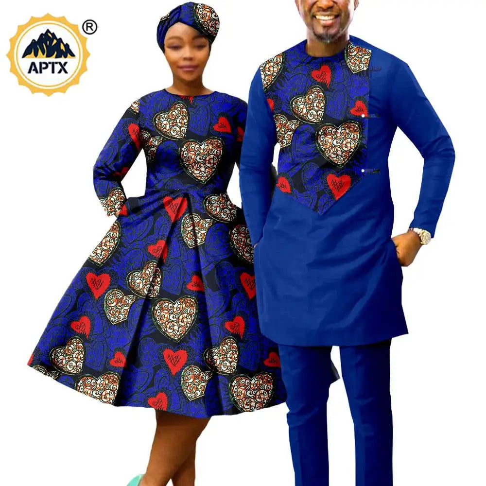 African Print Dresses for Women with Head wrap Matching Couple Outfits Men Patchwork Shirt and Pants Sets