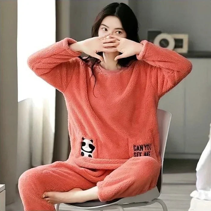 Warm Sleepwear for Winter thickened  Long Sleeve Ladies Loungewear Set pajamas