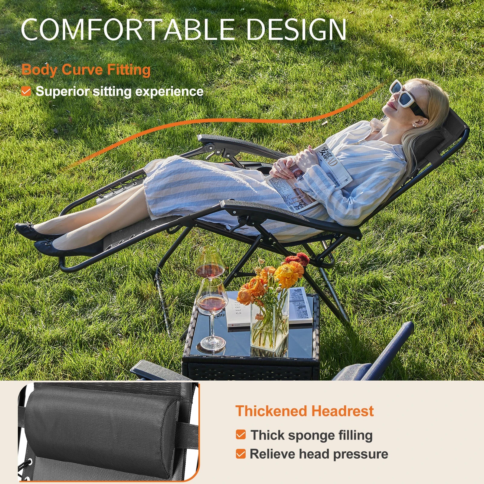 2 Portable Recliner Camping Patio Outdoor Lounge Chair with Cup Holder Trays