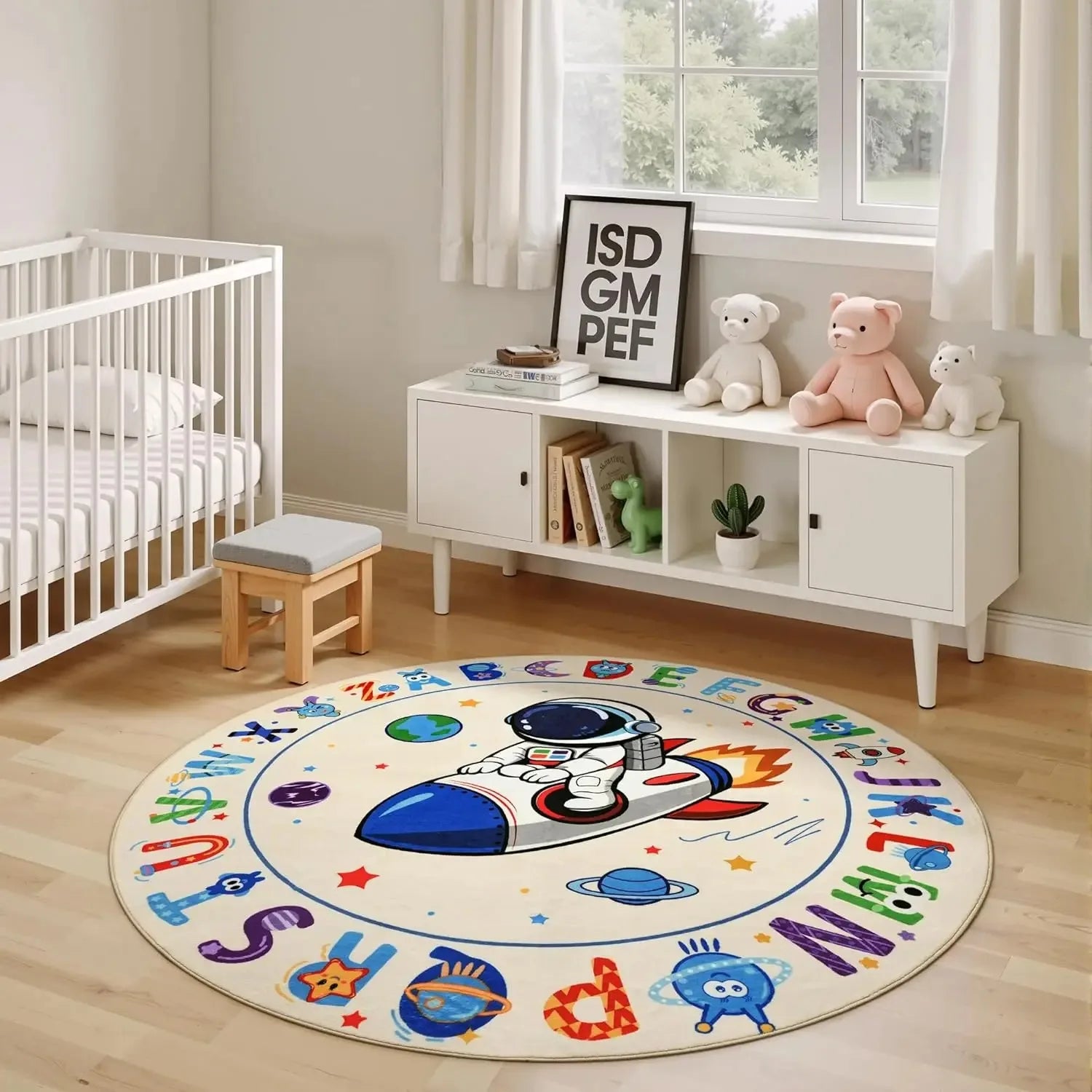 ABC Kids Alphabet Round Rug Washable Soft Nursery Rug,Non-Slip Educational Carpet with Space Astronaut Design for Classroom
