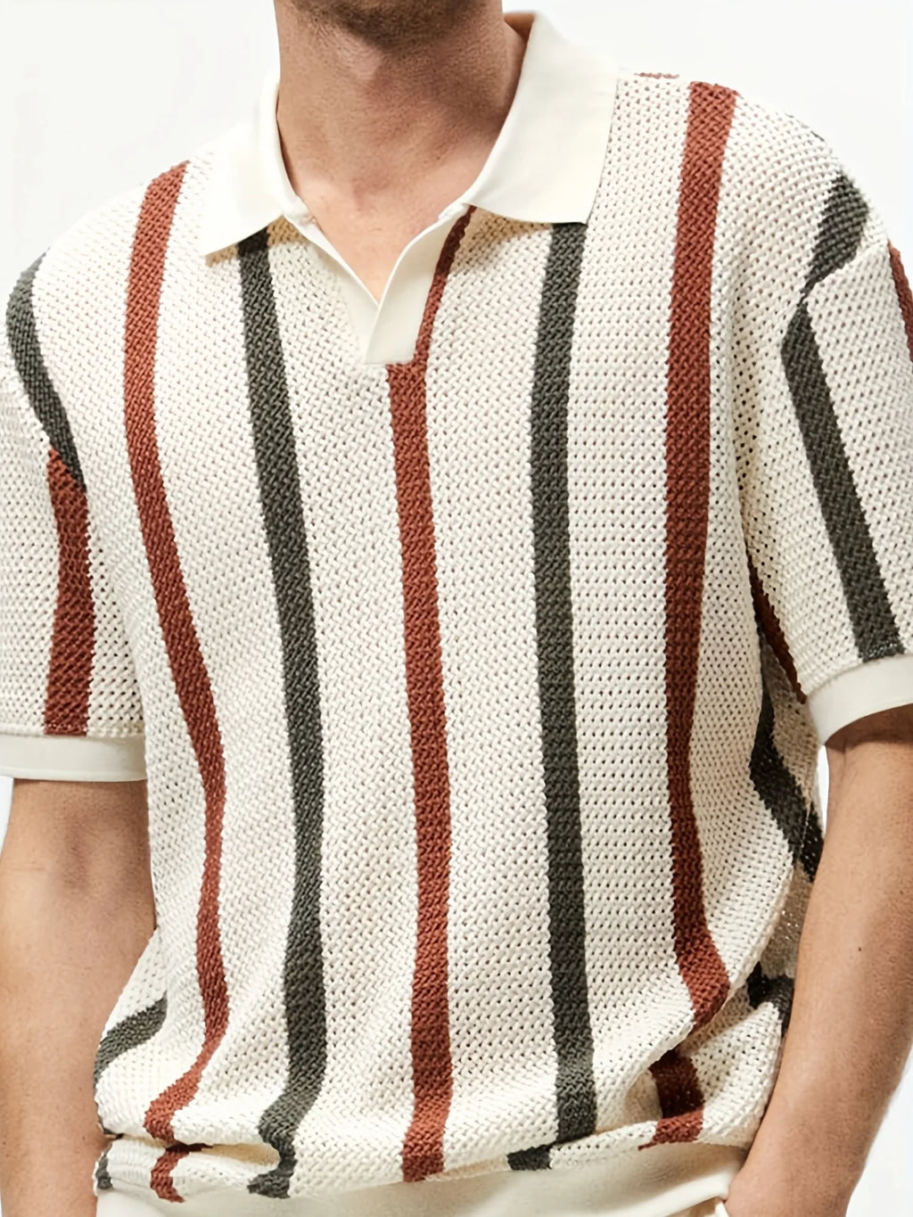 Men's Summer Chunky Knit Short-Sleeve Polo Shirt With Stripes And Contrast Colors, Casual Wear