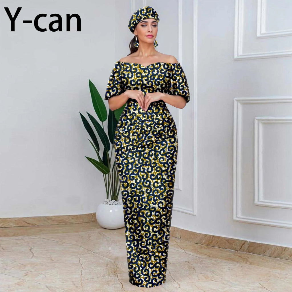 African Party Dresses for Women Off Shoulder Folds Women Maxi Dress with Headscarf and Earrings Traditional Wedding