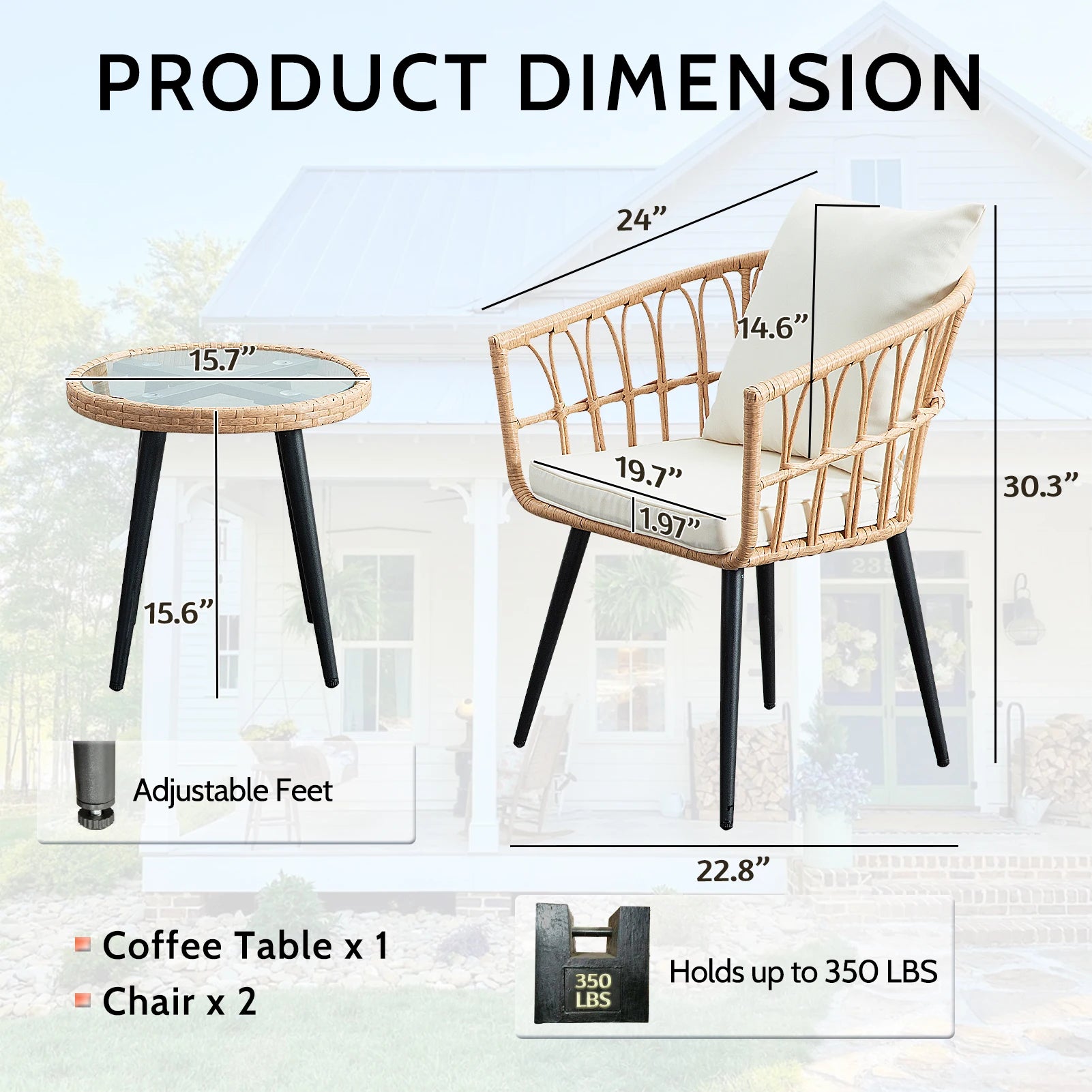 3 Piece Patio Porch Furniture Sets  Outdoor w/Cushions & Table for  Lawn Pool Backyard