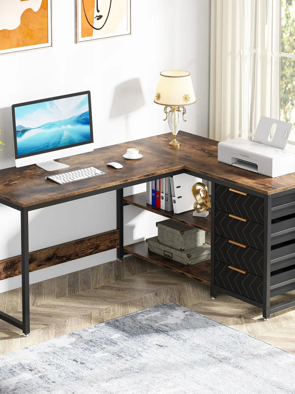 Computer Desk with Storage Drawers, 59 inch Corner Desk with Shelves, Reversible L-Shaped Office Desk Study