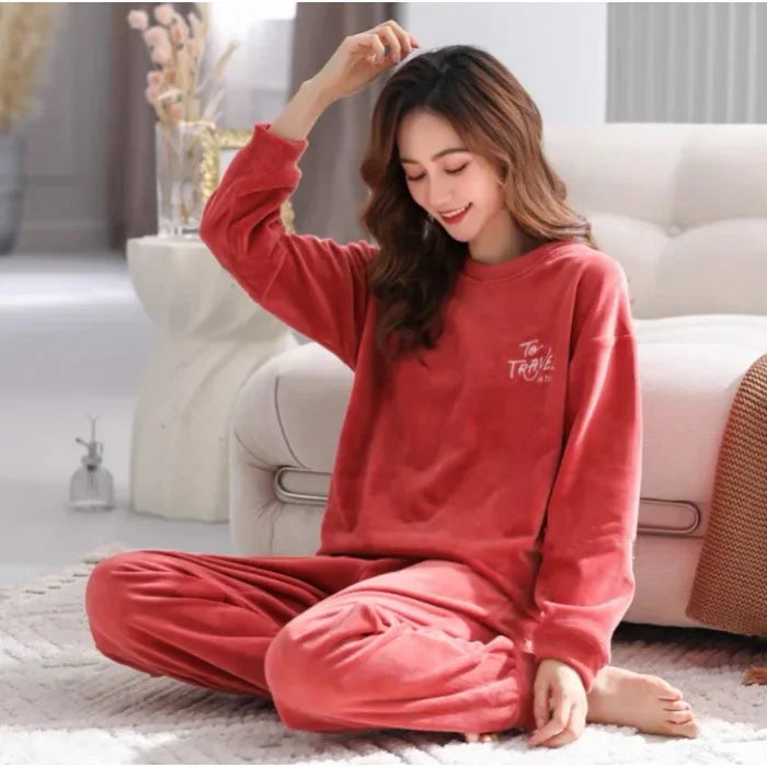 Warm Sleepwear for Winter thickened  Long Sleeve Ladies Loungewear Set pajamas
