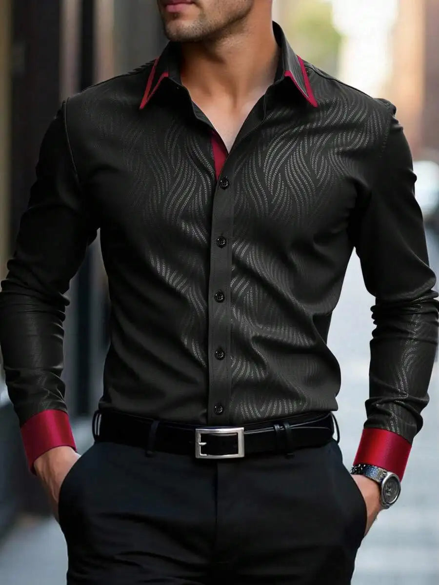 Men's Slim Fit Long Sleeve Button Down Dress Shirt with Geometric Pattern, Black, Fall