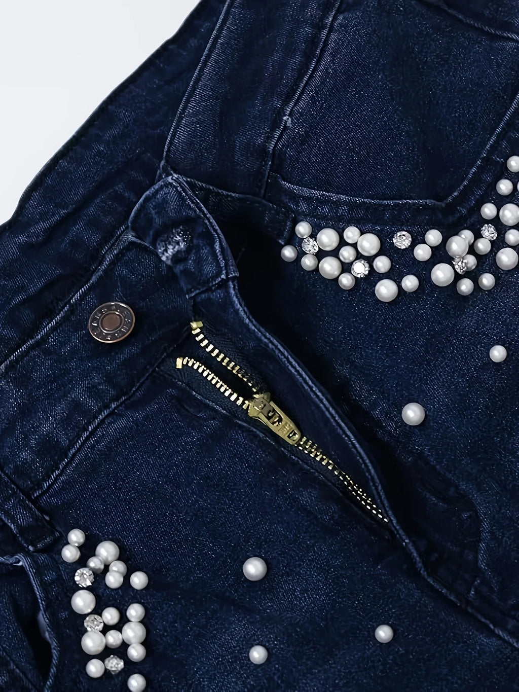 Women's fashionable casual wash blue pearl rhinestone inlaid with high waist stretchy slim buttocks tight nine-point jeans