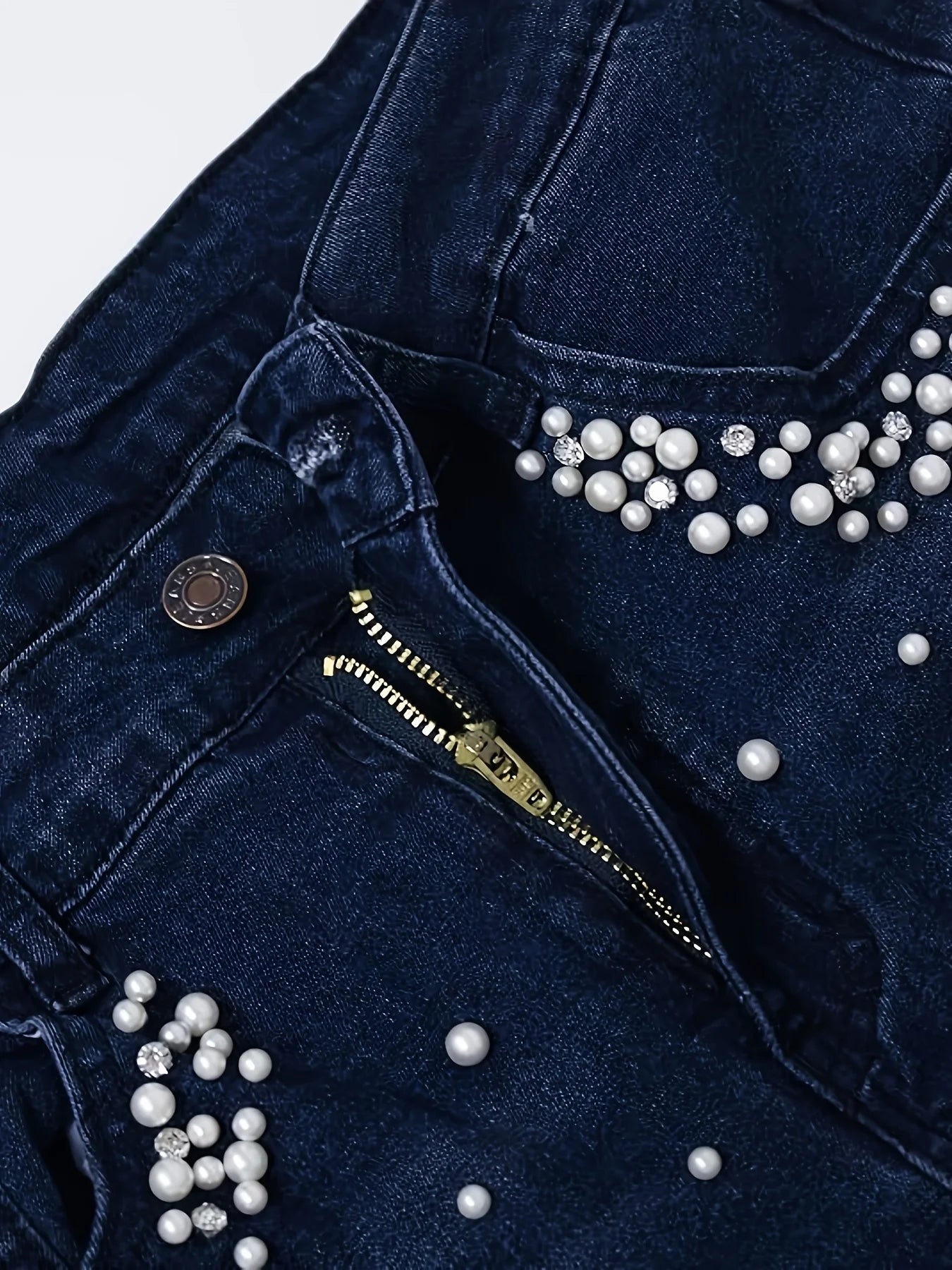 Women's fashionable casual wash blue pearl rhinestone inlaid with high waist stretchy slim buttocks tight nine-point jeans