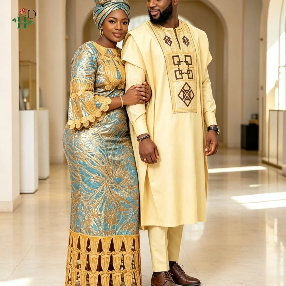 African Couples Traditional  Embroidery Dresses  African Clothing For Man Agbada Sets Wedding Party women Suits