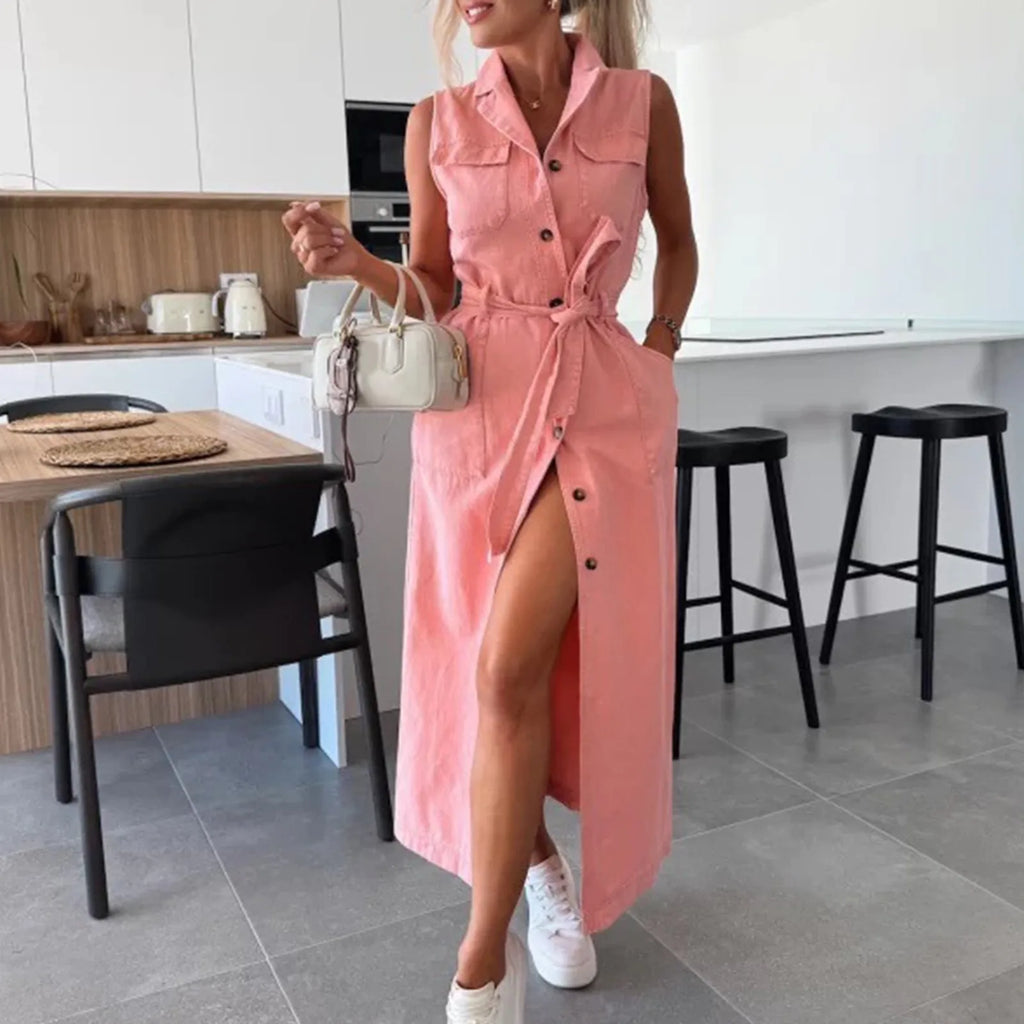 Ladies' Casual Fashionable Sleeveless Waist Cinched Single Breasted Denim  Elegant Women's Dresses