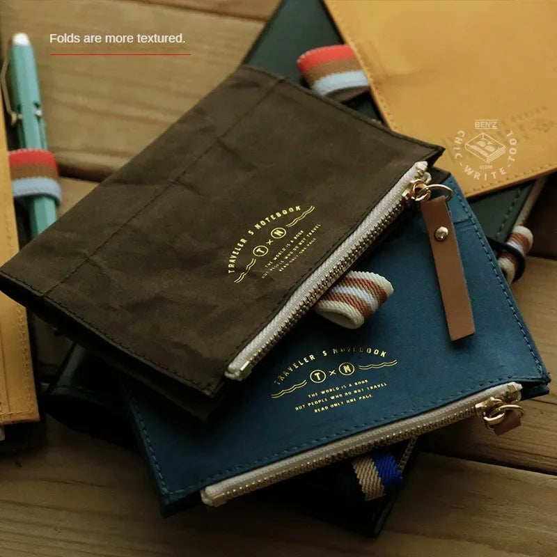 Travel Notebook Washable Cowhide Bill  Storage Bag Pen Case Stationery Storage Supplies