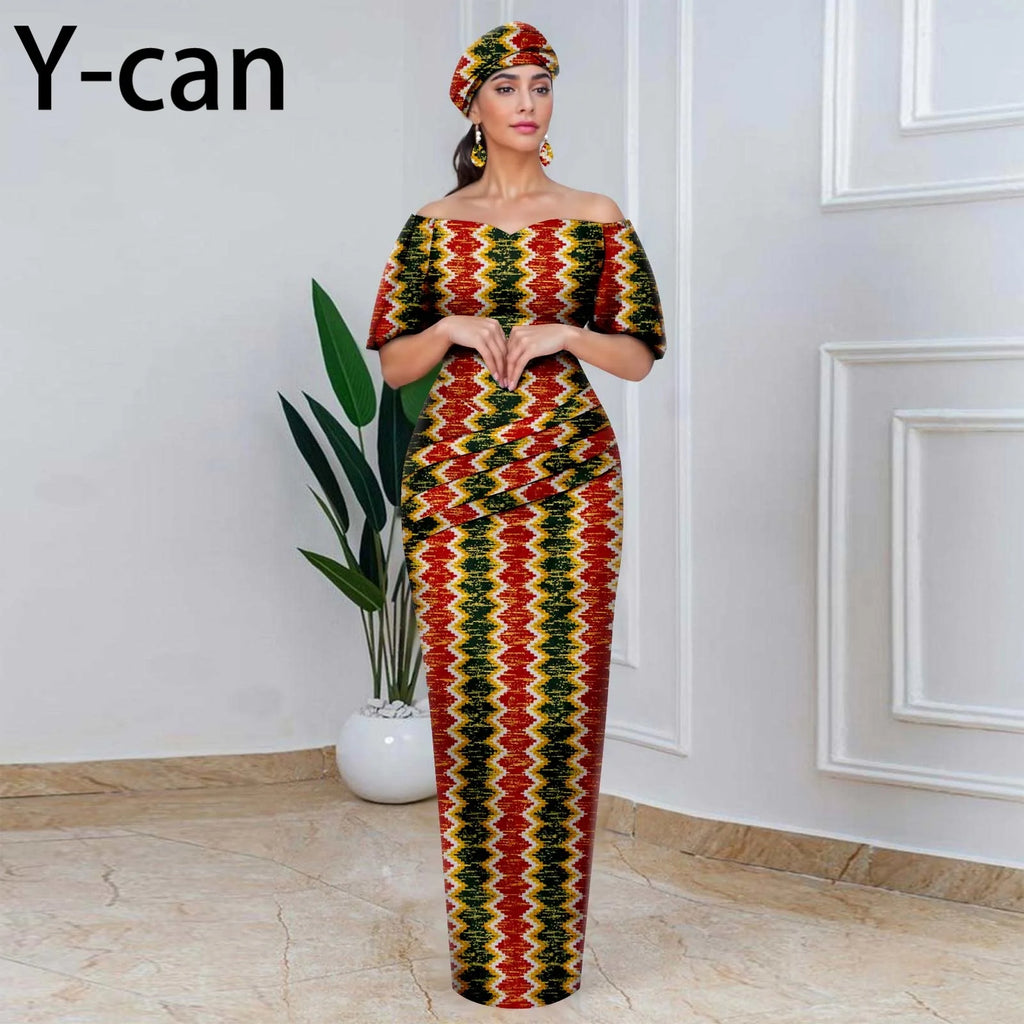 African Party Dresses for Women Off Shoulder Folds Women Maxi Dress with Headscarf and Earrings Traditional Wedding