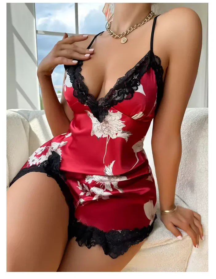 Lace Trim Leopard Nightdress V Neck Backless  Sleepwear Dresses