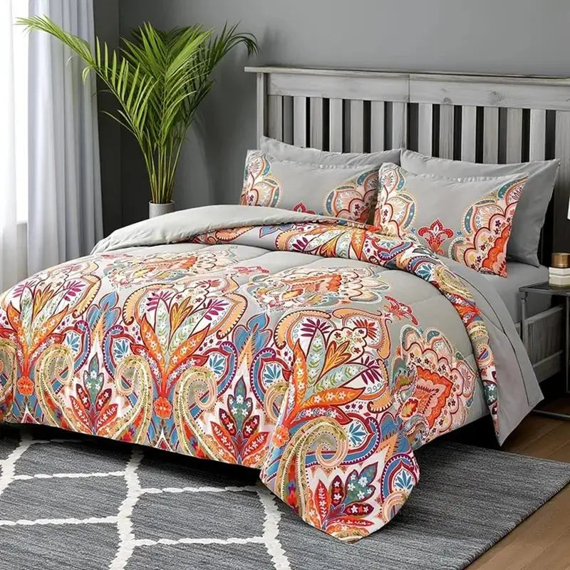 Gray King Comforter Set  Rainbow Floral Design - 3 Piece Bedding Collection