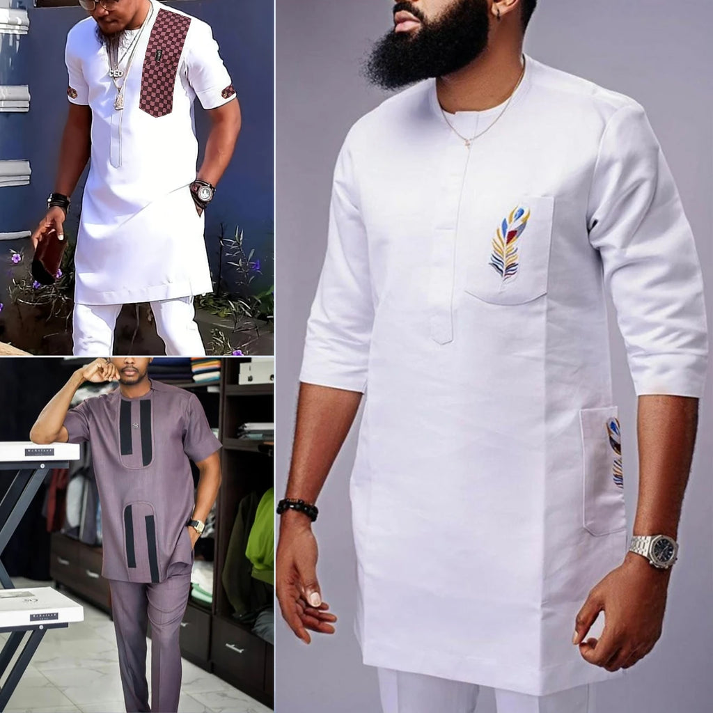 New 2Pc African Traditional O-Neck  Costume For Men Luxury Brand Clothing Full Pant Sets