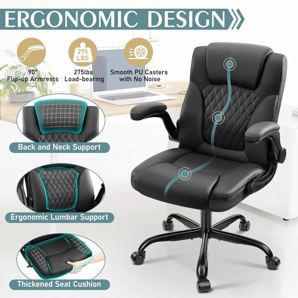 Leather Office Chair, PU Home Computer Desk Chairs with Ergonomic Back Support, 360°Swivel Free,